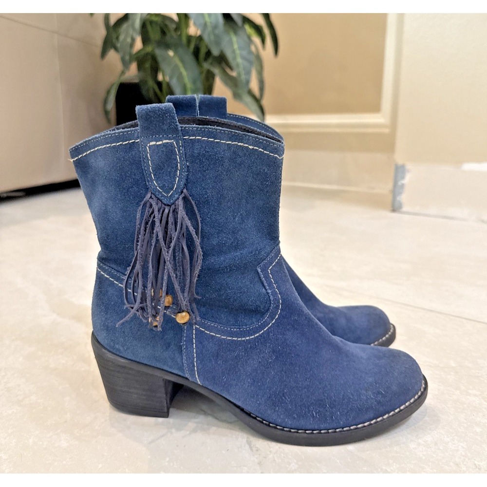 BDA Blue Suede Ankle Boots Fringe Western Shoes Women EU 40 US 9 Boho Festival
